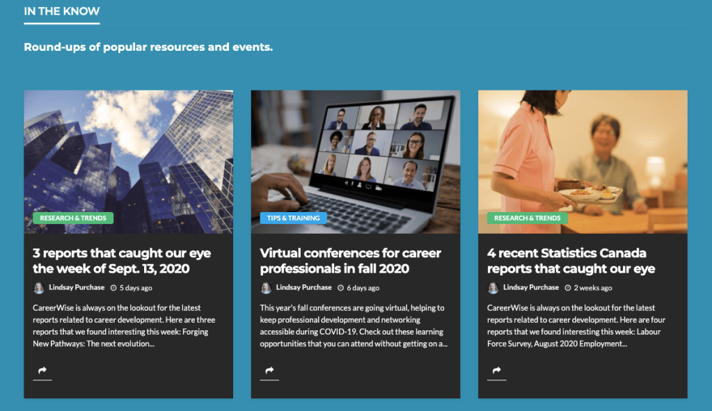 Screenshot of In the Know section on careerwise.ceric.ca.
