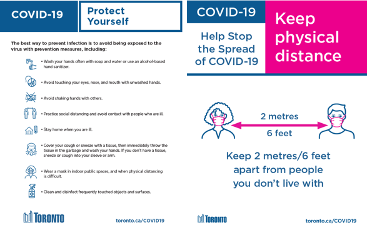 Two City of Toronto posters. One outlines list of ways to prevent infection. Other shows icons of two people with arrow between showing need to be six feet apart.
